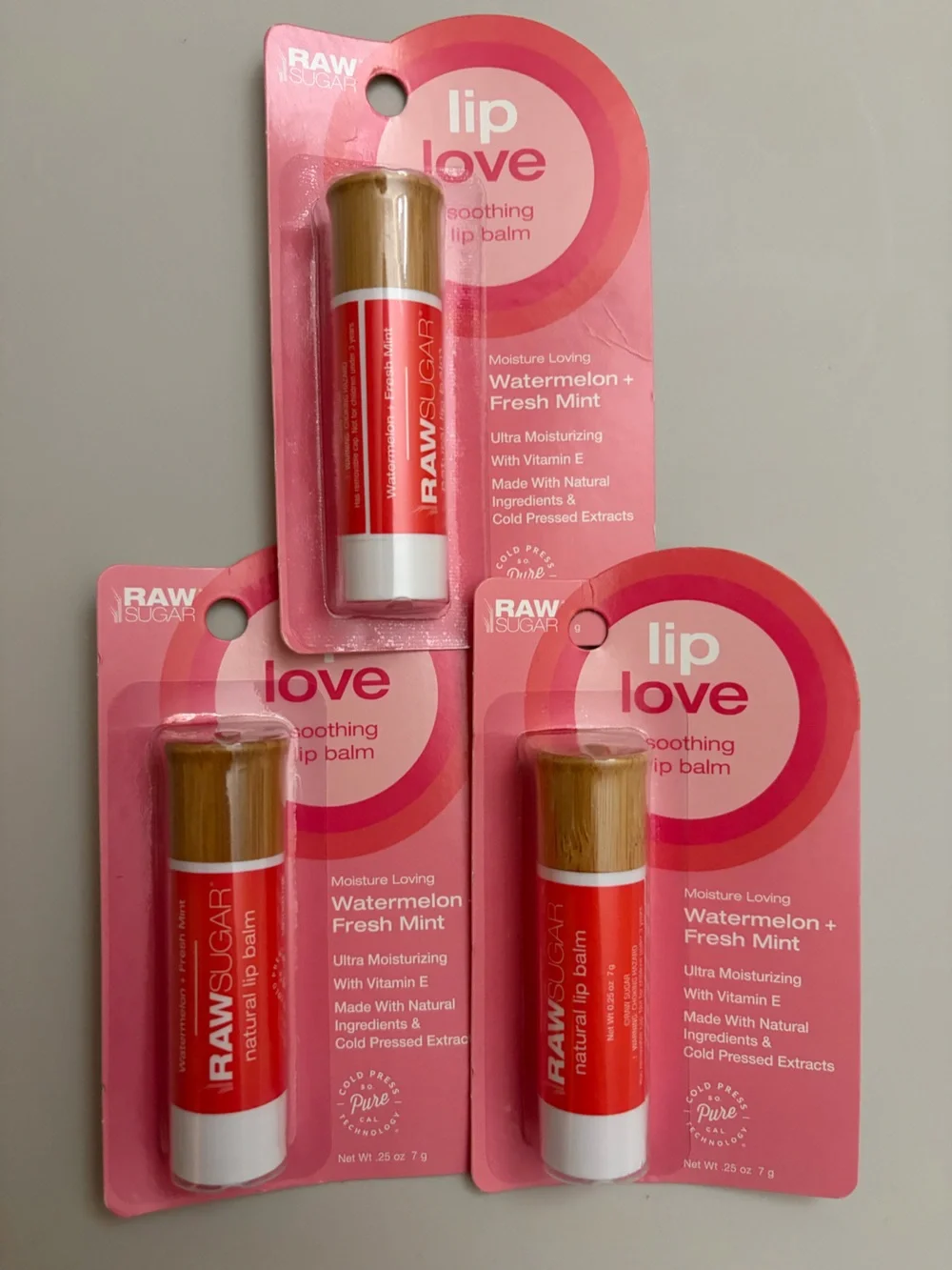 (3) Raw Sugar Lip Love Soothing Lip Balm-Watermelon and Fresh Mint. New, sealed